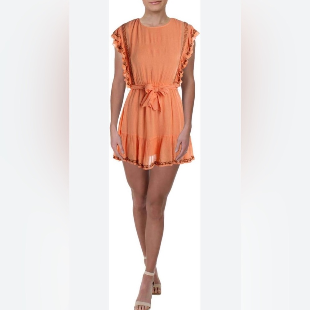 Free People Orange/Brown Embroidered Weekend Brunch Ruffle Dress. Size XSmall